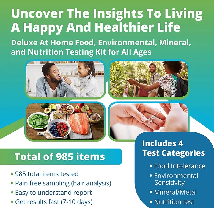 Uncover the insights to living a happy and healthier life. Deluxe at Home Food, Environmental, Mineral, and Nutrition Testing Kit for all ages. 985 total items tested, pain free sampling hair analysis, easy to understand report. Get results in 7-10 days. Includes 4 Test Categories. Food Intolerance, environmental sensitivity, Mineral and metal testing, and Nutrition test.